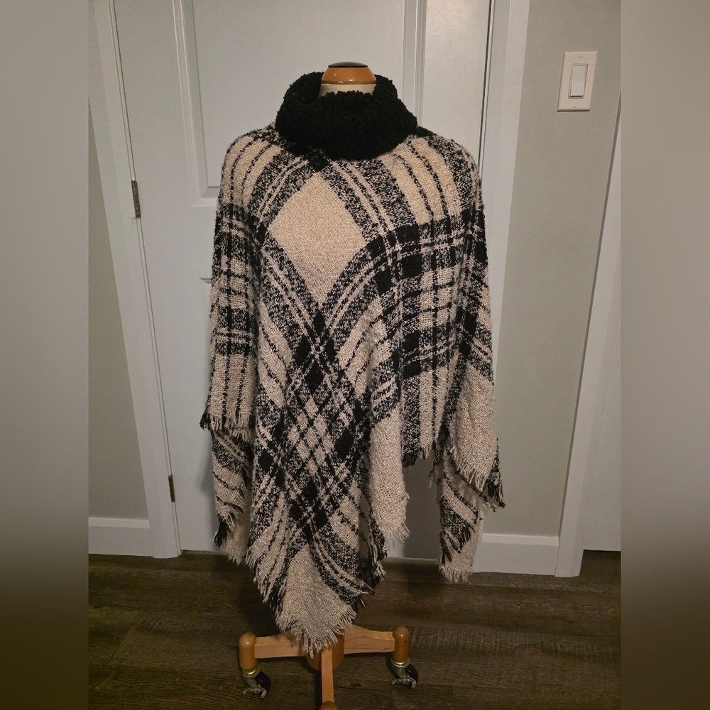 Plaid Black and Cream Poncho